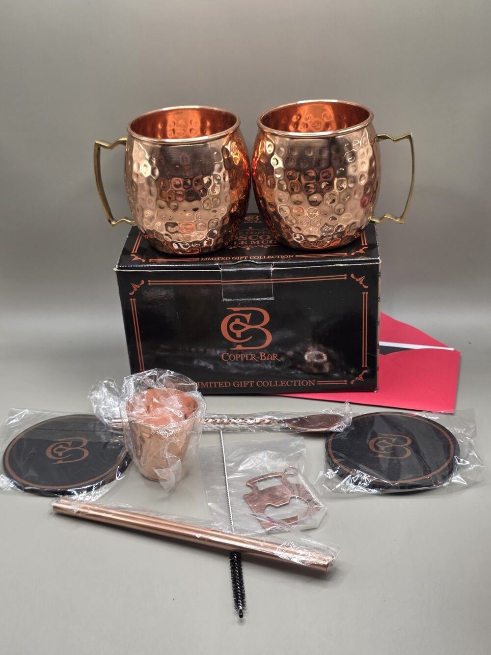 Copper-Bar Moscow Mule Copper Mugs Set Handcrafted Hammered Cups Shot Glass Box
